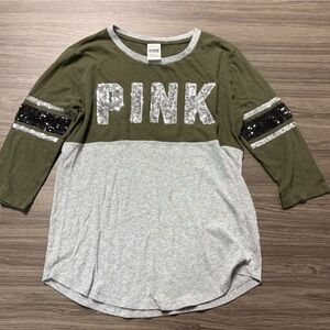 PINK Victoria's Secret Olive and Gray Sequin Long Sleeve Tee